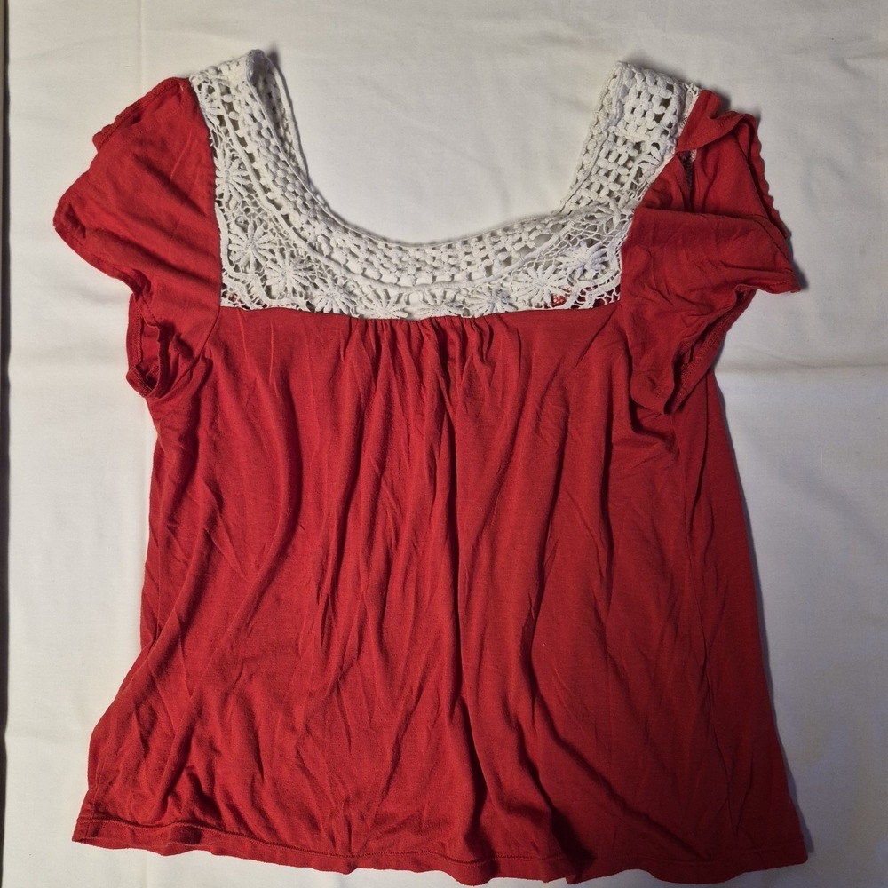 American Eagle Red Crochet Lace Yoke Boho Cap Sleeve Top Womens Large L/G
